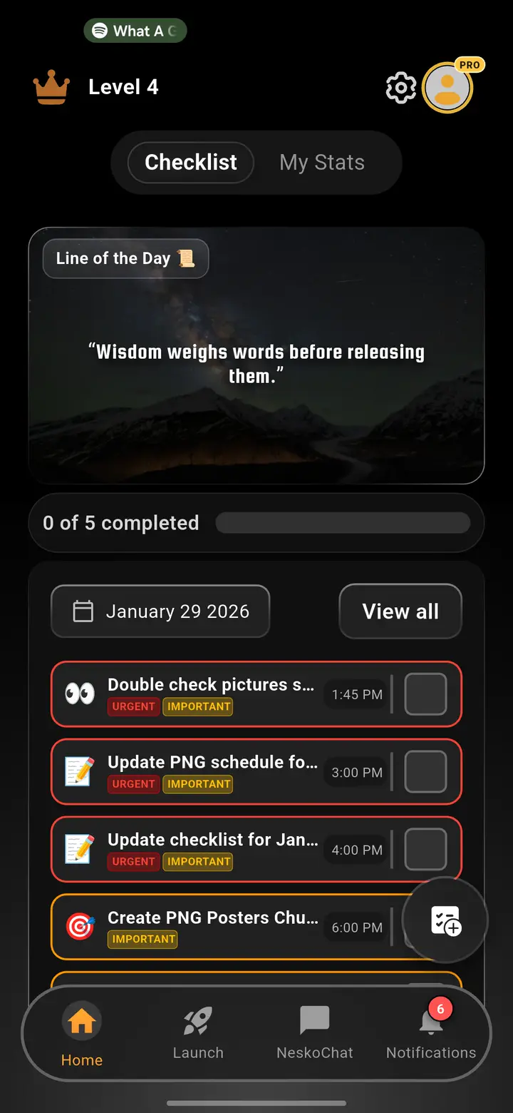 Nesko daily checklist with urgency and importance tags on each task