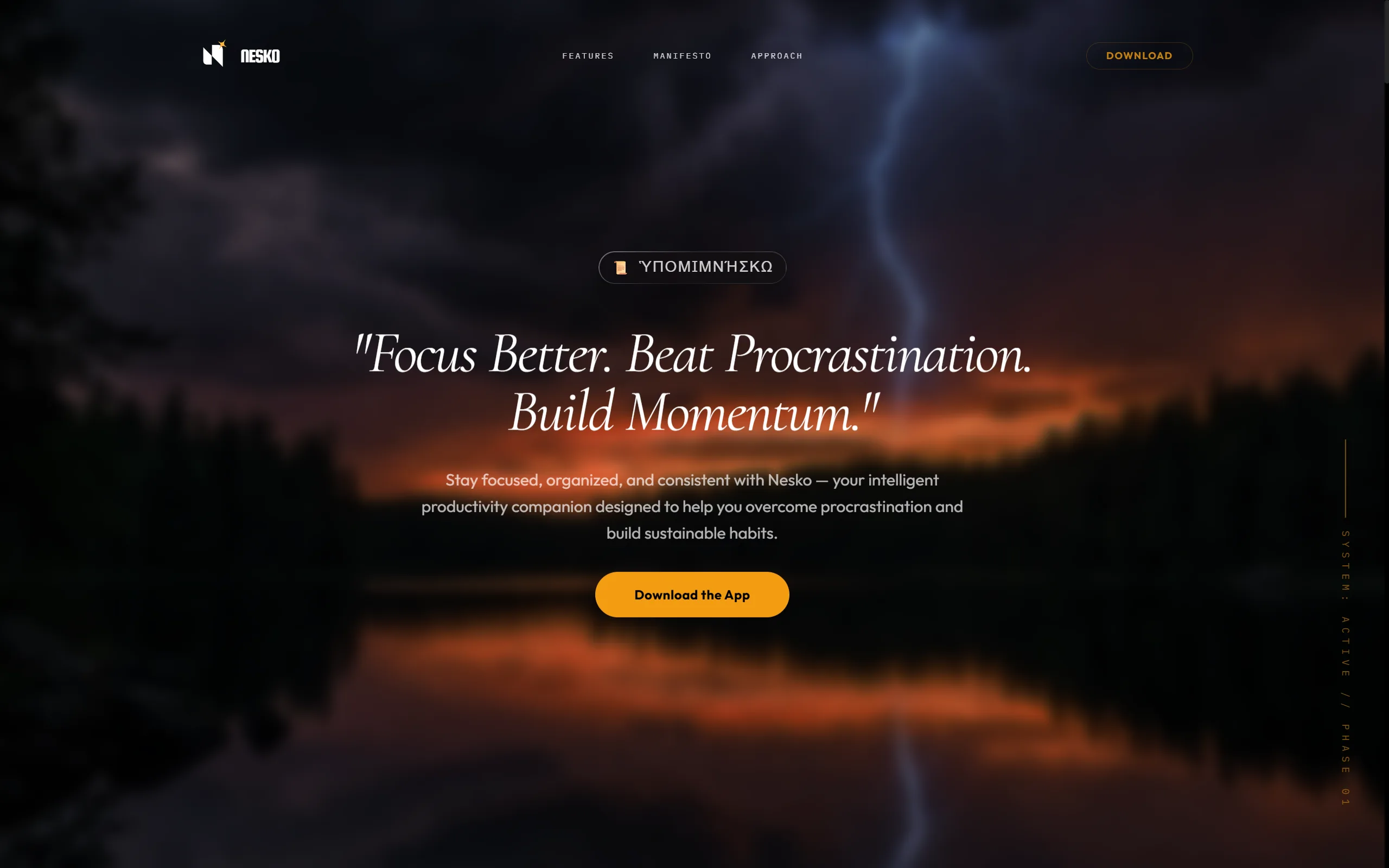 The nesko.app landing page — 'Focus Better. Beat Procrastination. Build Momentum.' above the feature set
