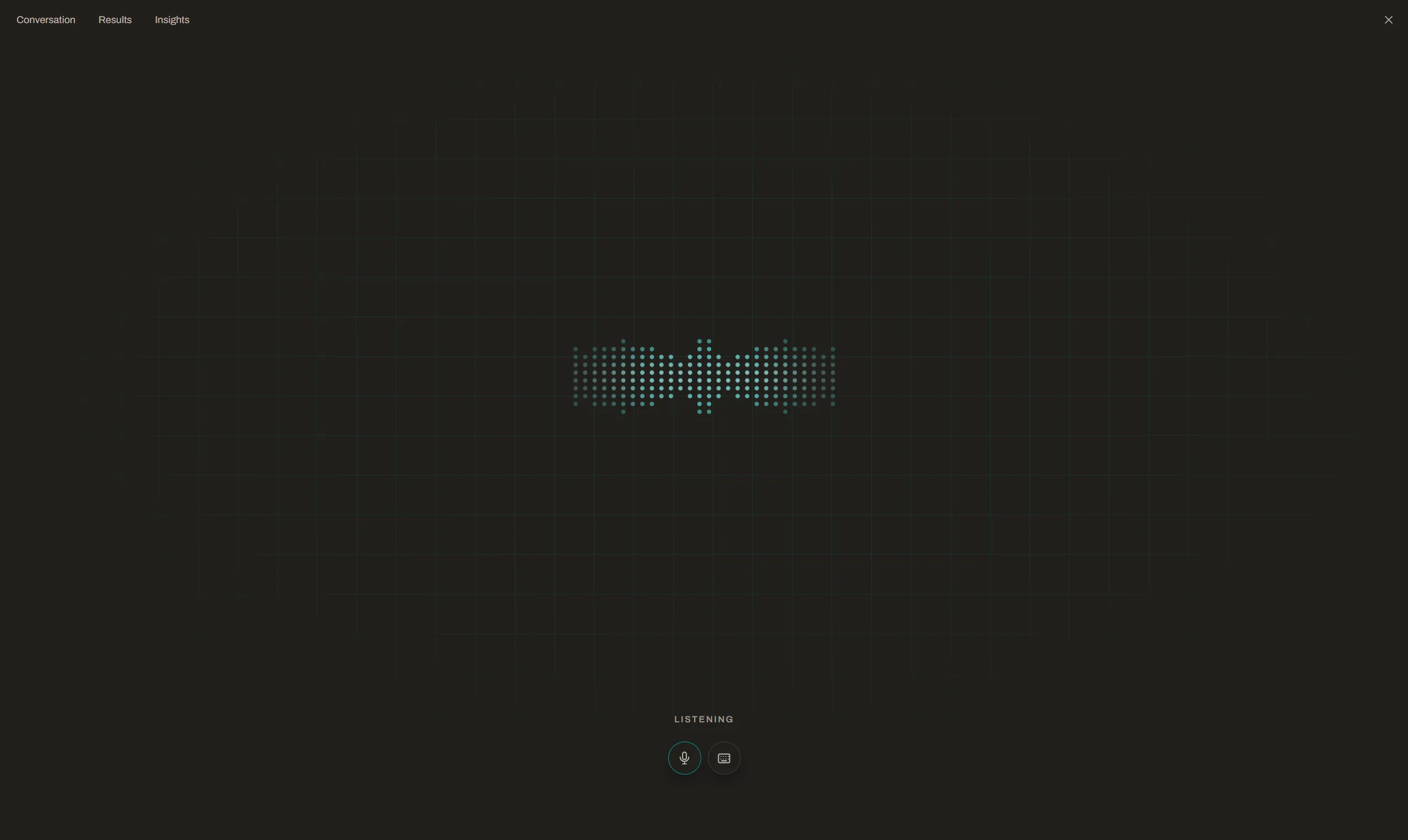 Regent's butler mode listening, with a live dot-matrix waveform above the conversation, results and insights tabs