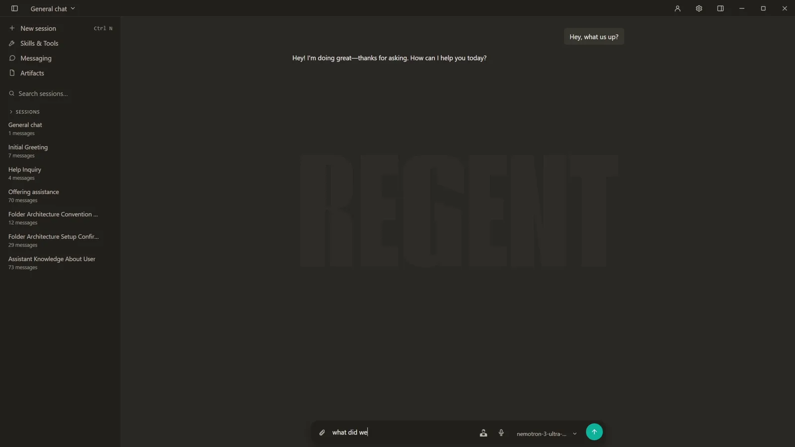 Regent chat window with the session list open in the sidebar