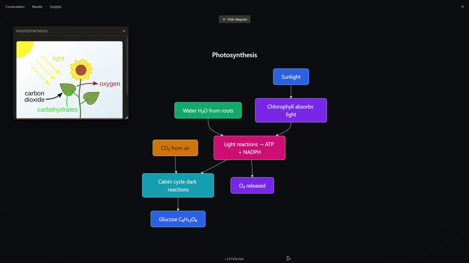 Regent generating a labelled photosynthesis flowchart from a spoken question